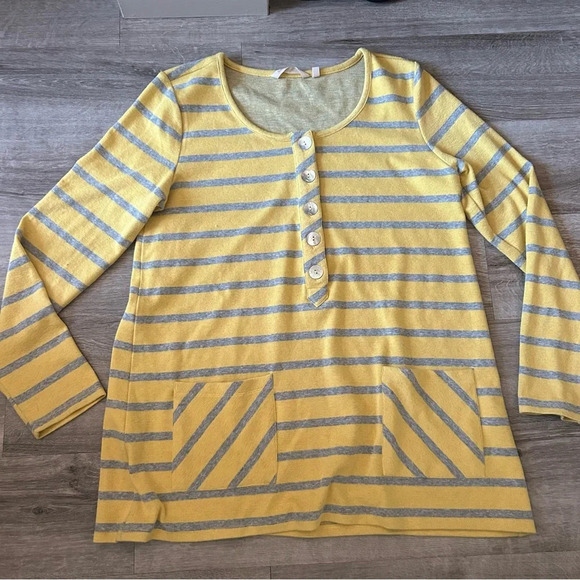 Soft Surroundings Striped Blouse Yellow and Gray Button Down Dramatic Spring - Picture 1 of 7